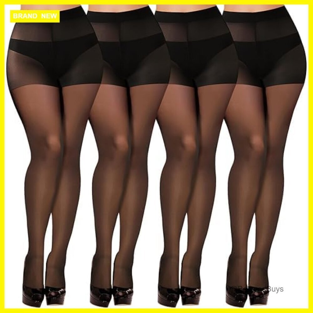 4 Pack 20D Sheer Tights Control Top Run Resistant Pantyhose Reinforced Toe